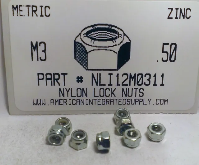 M3-.50 Hex Nylon Insert Lock Nuts Class 8 Steel Zinc Plated D985 (50)