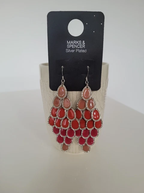 New M&S Silver Plated Peacock Tail Style Tiered Dangling Multi-coloured Earrings