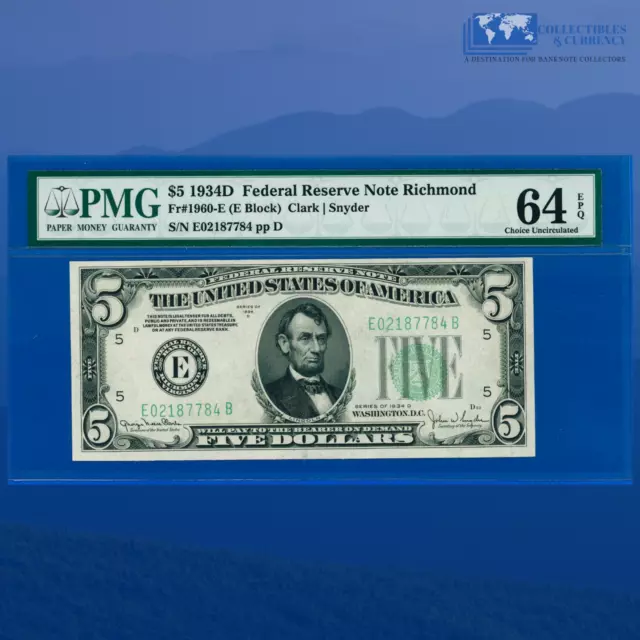 Fr.1960-E 1934 $5 Five Dollars FRN Richmond, PMG 64 EPQ #87784