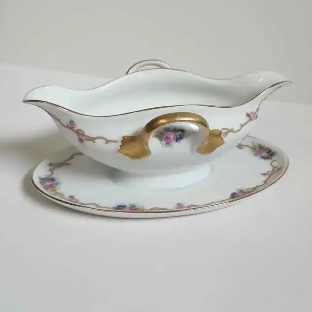 Vintage Royal Crafton Gravy Bowl With Attached Plate Floral Gold Trim
