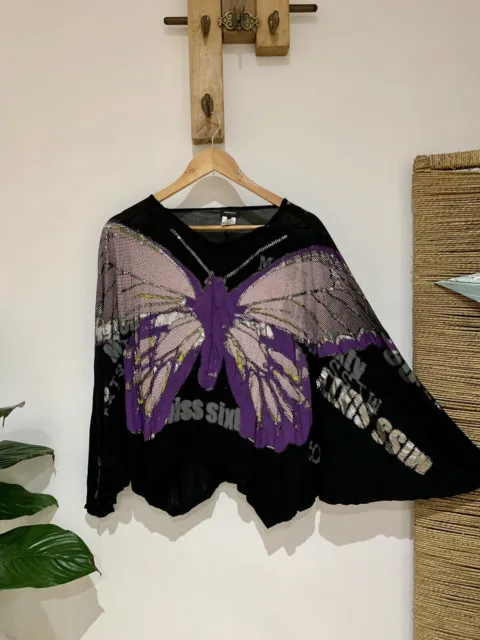 Miss Sixty 60 Rare Vintage Y2K Butterfly Purple Black Batwing Oversized Top L XL