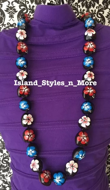 Hawaii Wedding Kukui Nut Lei Graduation Luau Necklace HIBISCUS RED WHITE BLUE