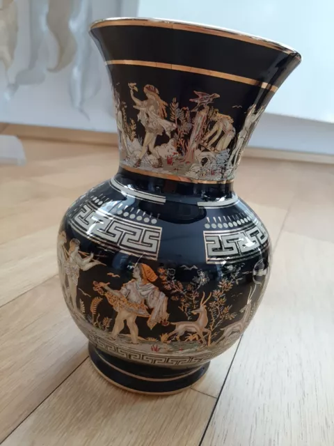 Schwarze Vase Nr. 1  mit 24K Gold und antiken Motiven  Porzellan