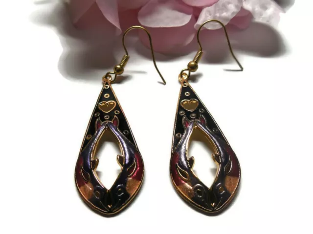 Cloisonne Double Kissing Dolphins  With Hearts Gold Tone Dangle Wire Earrings