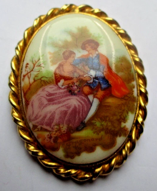 BROCHE ANCIEN BIJOU vintage camée fleur relief noir contour couleur or 3512 EUR 36,00 - FR