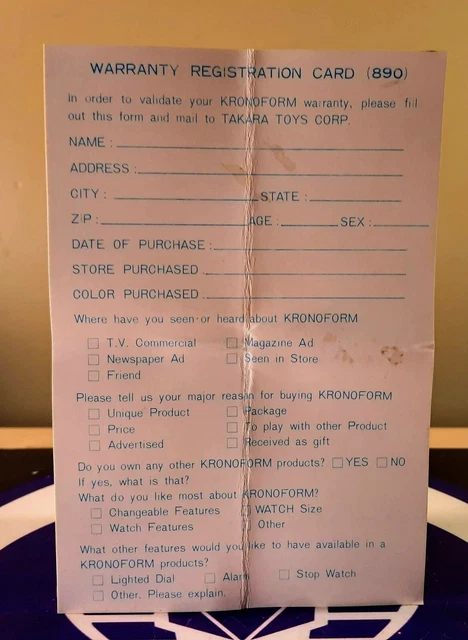 Takara Kronoform Transformers Warranty Registration Card Unused Takara Kronoform Transformers Warranty Registration Card Unused