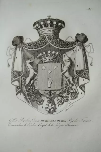 Gravure Blason Heraldique Comte De Richebourg Armoiries Restauration 1815