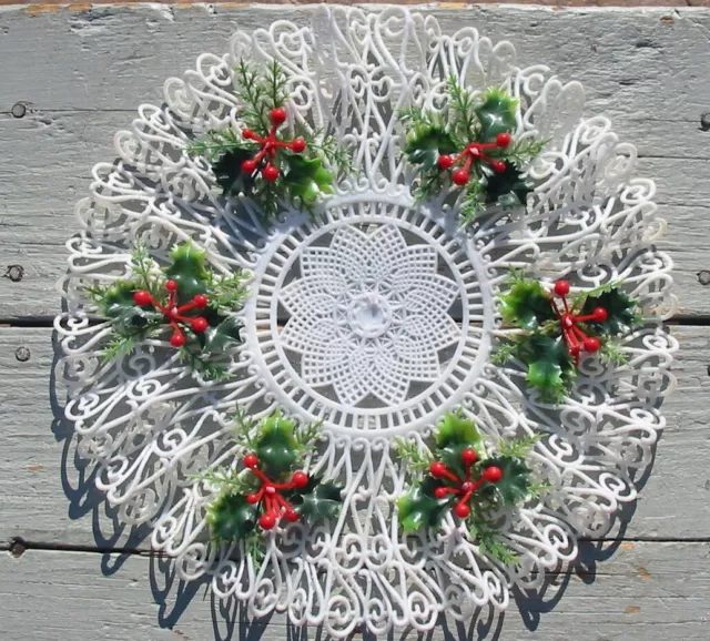 Vintage Plastic Holly Berry Christmas Doily Holiday White Lace Placemat 11 Inch