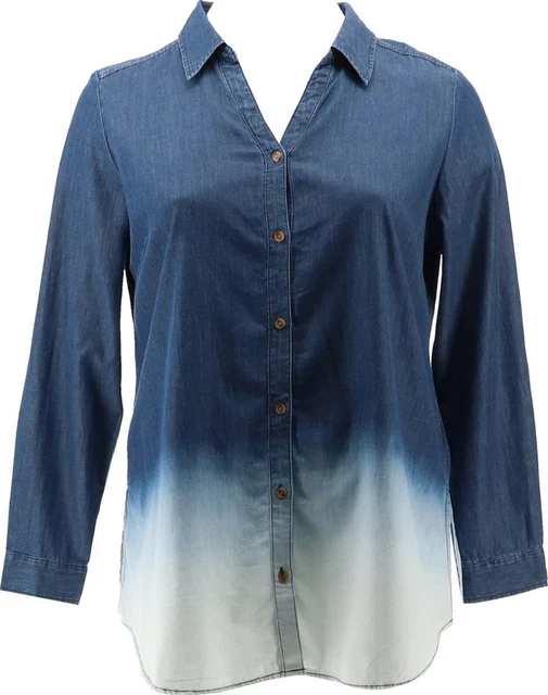 Susan Graver Chambray Dip-Dye Y-Neck Tunic Shirt Indigo L NEW A470180