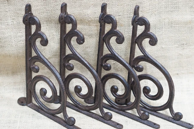 4 LARGE Shelf Brackets Corbels Wall Cast Iron Rustic Farmhouse 9 3/4" X 8 3/4"