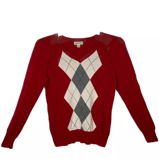 St John Bay Women Sweater Argyle Long Sleeve Cotton Red Size S