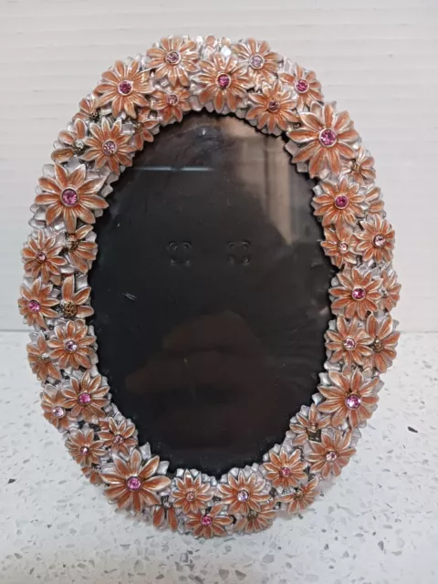 Vintage Pink Bling Floral & Rhinestone Oval Picture Frame 6"x4" Good Quality