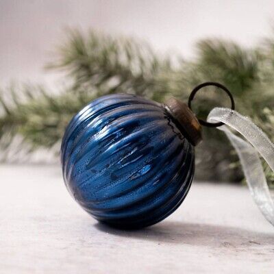 Christmas Ornament Navy Blue 2 inch Ribbed Mercury Glass Ball Holiday Decor