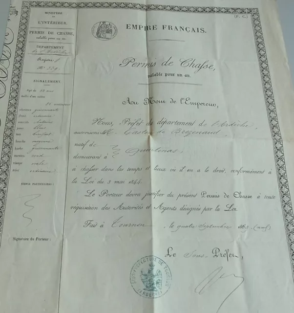 Franz. Licenza di Caccia (Permis De Chasse) Tournon-Sur-Rhône 1869 Gaston De