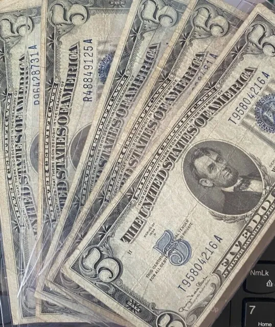 ✯$5 Blue Seal Lincoln Dollars ☆ Silver Certificate Old Estate Money Lot ✯