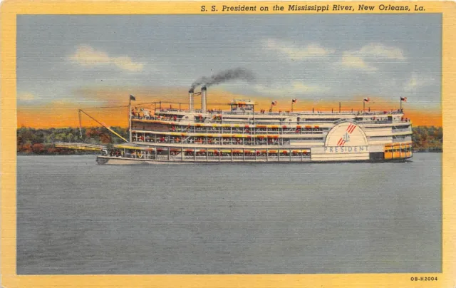 SS President Steamship on Mississippi River New Orleans Louisiana 1940s Postcard