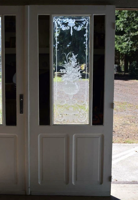 *Pair of Antique French Etched Glass Doors Frosted Stained Glass with Mirrors 3