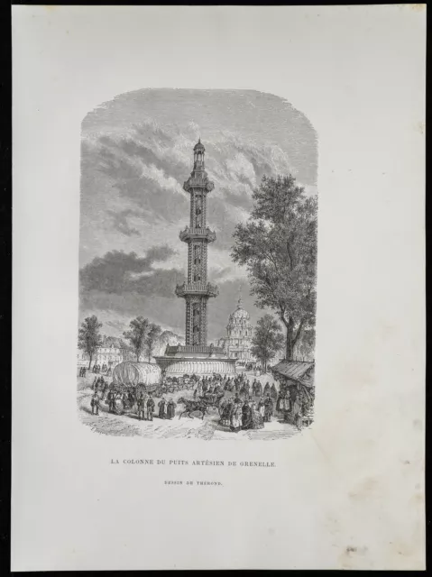 1862 - La Colonne du Puits Artésien de Grenelle - Gravure ancienne - Paris
