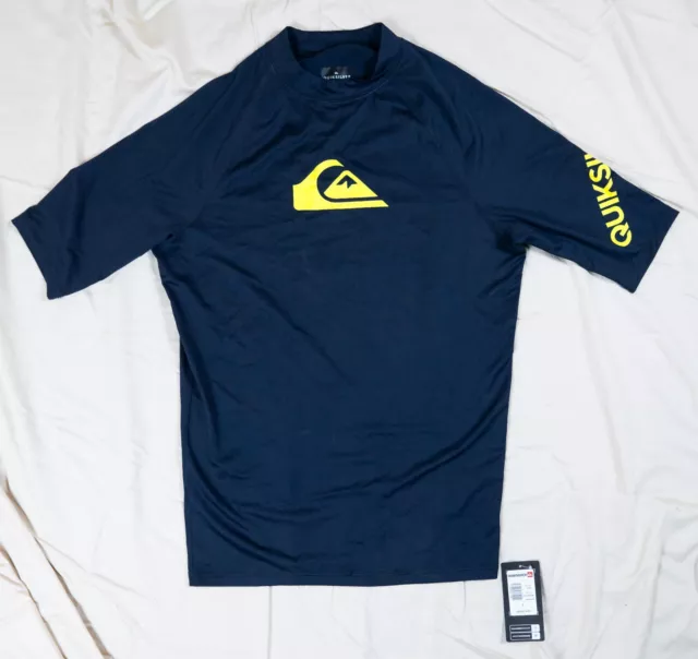 Quiksilver All Time SS Rash Guard Large Navy Blue / Neon Yellow Short Sleeve