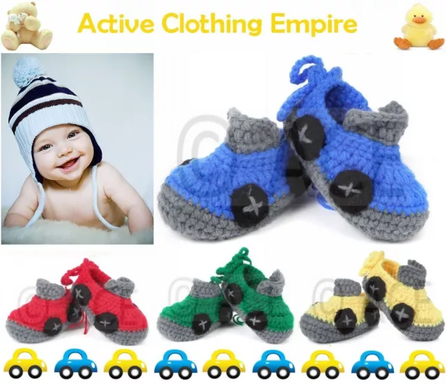 Baby Boys Shoes Infants Handmade Woollen Knitted Crochet Car Booties 0-9 Months