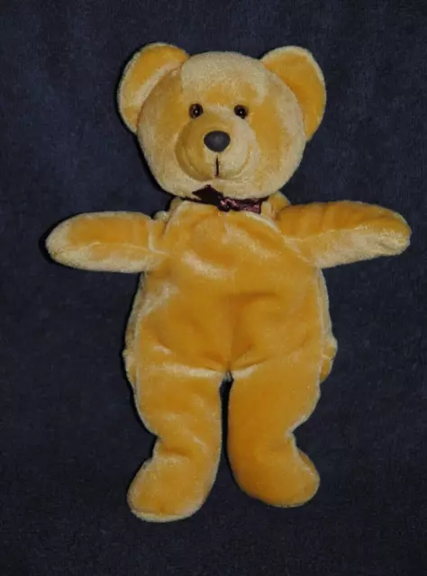 Peluche Doudou Ours Jaune Moutarde YVES ROCHER Ruban Marron 25 Cm TTBE