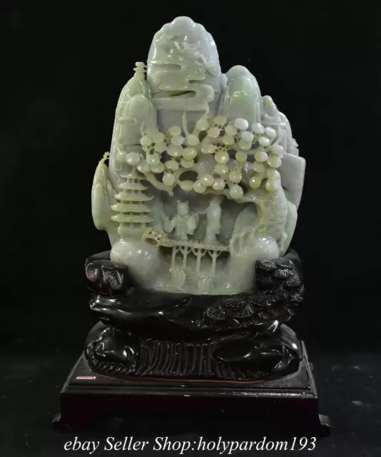 12.4" Chinese Natural Emerald Jadeite Jade Carved Mountain Tree Figure Statue
