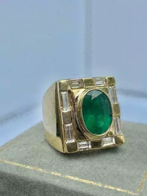 6 Ct Oval Emerald Baguette Cubic Zirconia Vintage Men's Ring Yellow Gold Plated