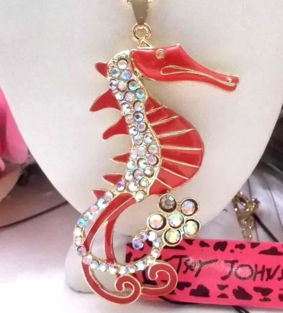 Betsey Johnson Beautiful Red Crystal & Enamel Seahorse Pendant Chain Necklace
