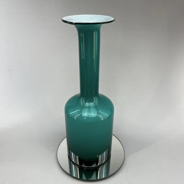 Modernist 11” Cased Teal Glass Vase Danish Modern Scandinavian Holmegaard Style