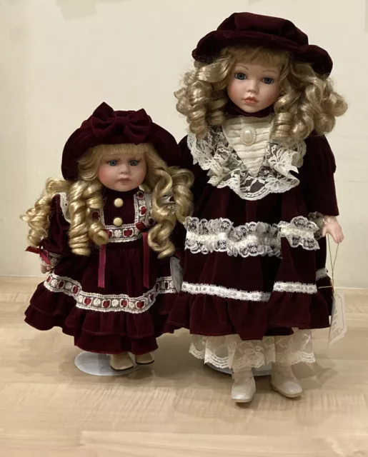 2 x Vintage Leonardo Collection Porcelain Dolls Chloe and Fiona both with stands