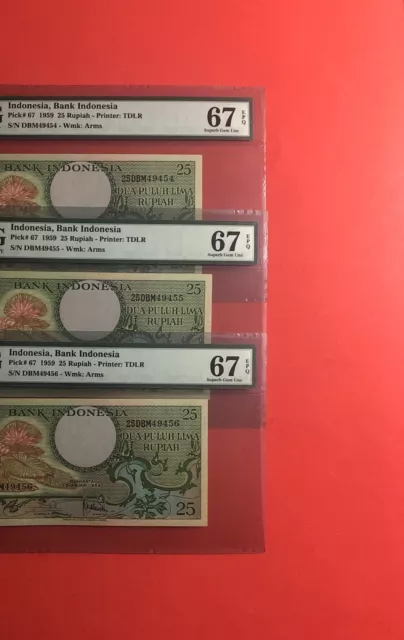 1959-Indonesia 25 Rupiah 3 Consecutive Notes,Graded By Pmg Superb Gem Unc 67 Epq
