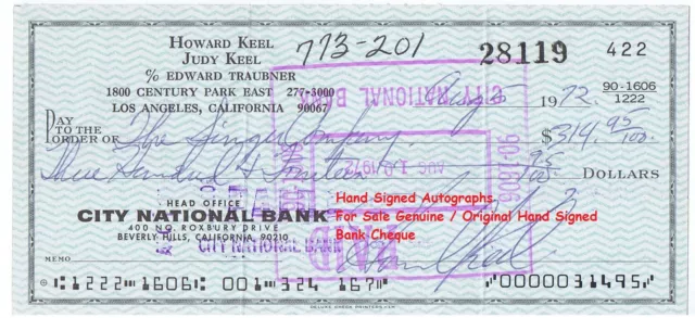 Howard Keel Film Star Actor  Genuine Hand Signed Bank Cheque   1972    Rare Item 3