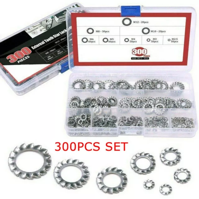 300pcs / Set-Tooth Schloss Washers 304 Edelstahl Externe Star Sortiment Set