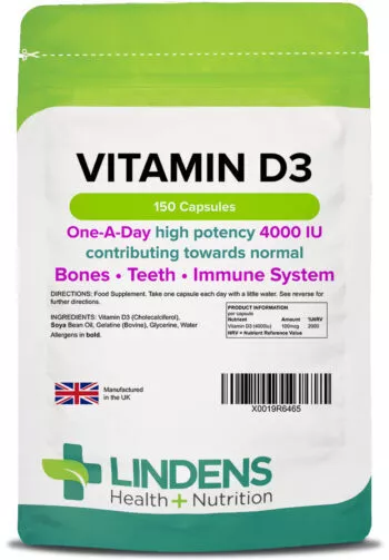 Lindens Vitamin D3 4000 UI 2-PAQUET 300 Capsules D 3 D-3 Supplément De Qualité