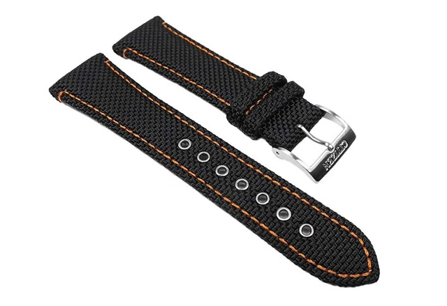 Bracelet De Montre En Cuir Noir Avec Surpiqûre Orange - Largeurs 18,20,22,24 Mm, Neuf Avec étiquettes, Unisexe