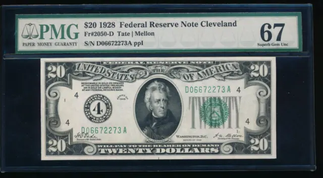 AC NUMERICAL 1928 $20 Cleveland PMG 67 EPQ gold clause Fr 2050-D SUPERB GEM!