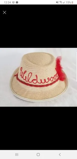 Vintage Childs Straw Hat  WILDWOOD NJ Boardwalk Souvenir Chain Stitch Ex+