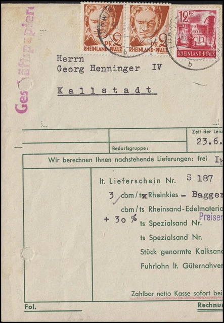 16 Beethoven 2x 2 Pf Paar + 20 Porta Nigra MiF Rechnungs-Bf LUDWIGSHAFEN 10.7.48