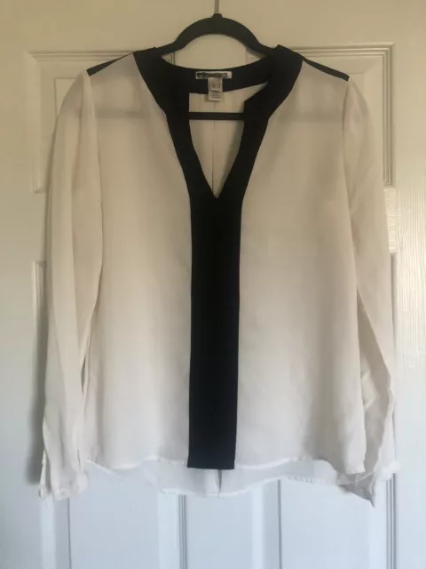 Mango Suit Blouse M Sheer White & Black Top Tunic Button Up Collar Long Sleeve