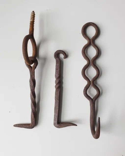 lot of 3 Vintage/Antique Forged Wrought Iron  Hooks / Latches / Hangers
