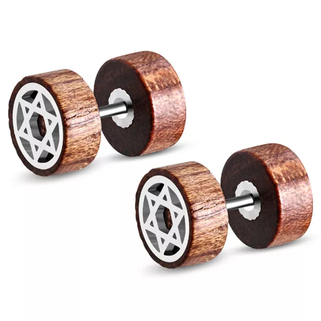 Organic Tamarind Wood Star of David Steel Fake Cheater Ear Plugs Gauge, Pair