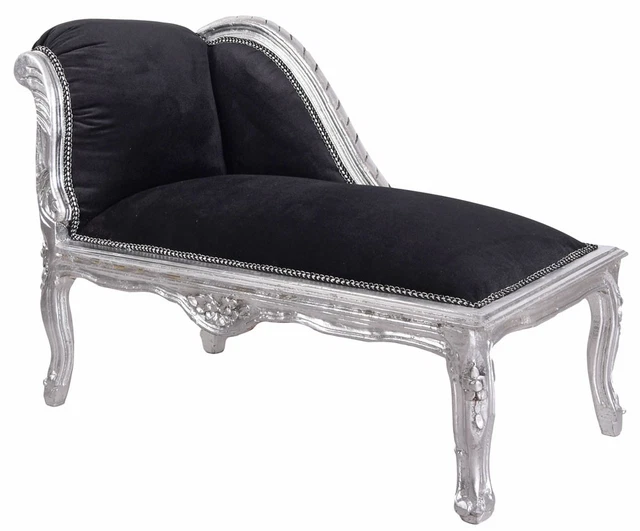 Récamière Baroque Rokoko – Banquette Capitonnée Noire – Bois Et Tissu Argent