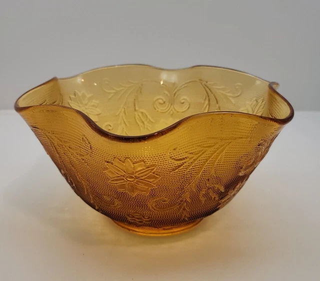 Indiana Glass Tiara Amber Large Ruffled Sandwich Ribbon Bowl Floral