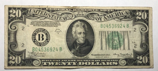 1934A green seal $20 Federal Reserve note, FRB B New York. VF, 1/8" tear. #04