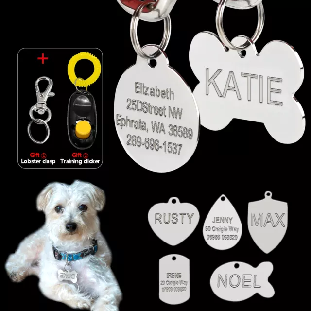 Personalised Dog Tags Disc Pet Cat Name ID Military/Heart/Fish/Bone/Round/Shield