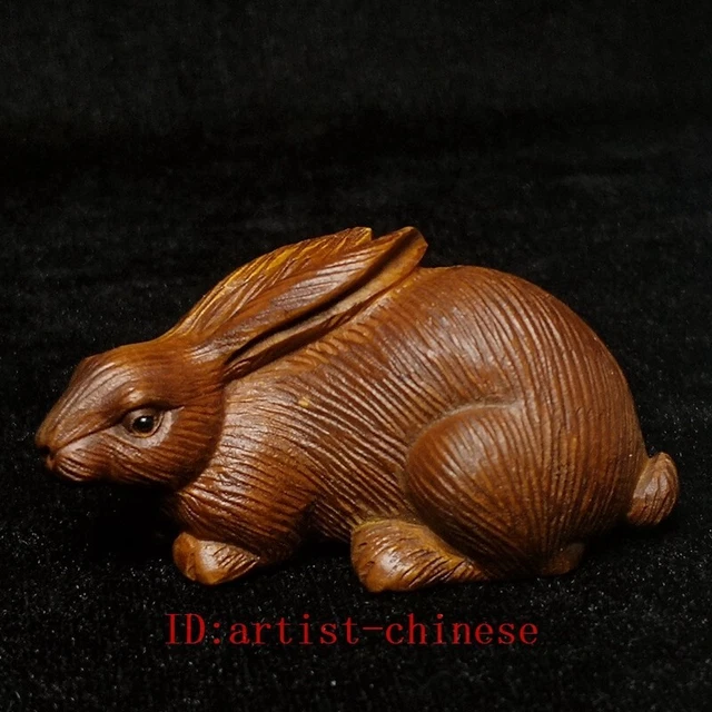 Boxwood Netsuke Rabbit 2.6 INCH JAPANESE Hand carved Boxwood Wood Hare or Rabbit Figure Statue ...