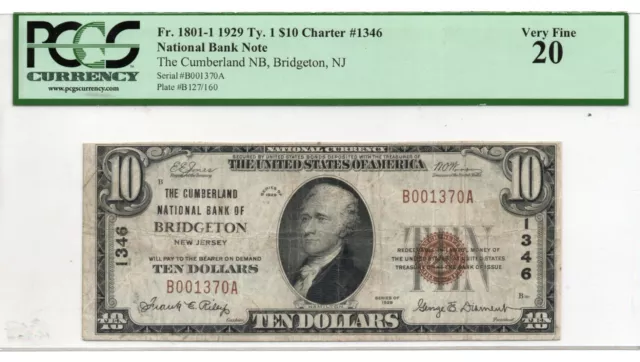 $10 1929 Bridgeton New Jersey NJ National Currency Bank Note Bill #1346  VF