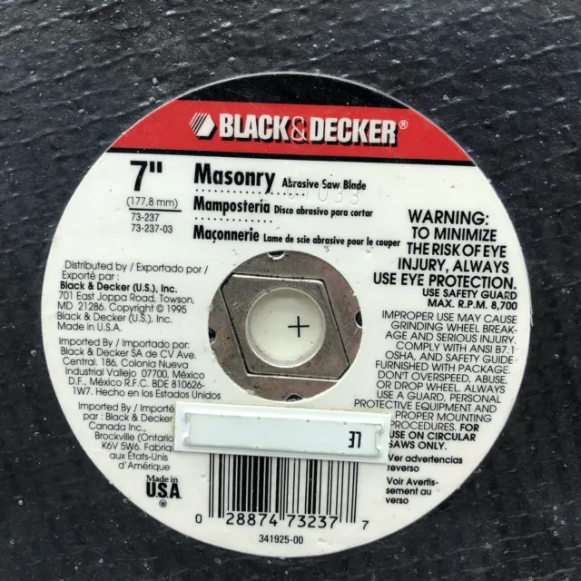 Black & Decker 73-237 Masonry Cutting Abrasive 7" Saw Blade Circular NEW And 2