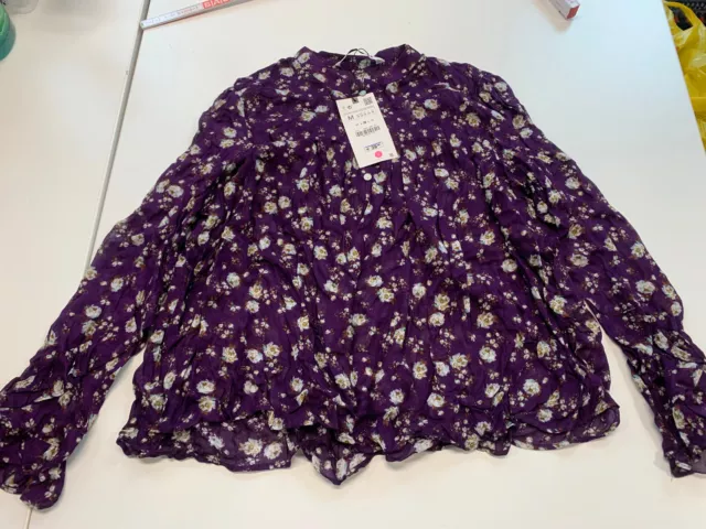 ZARA Oberteil Bluse Gr. M Lila weiße Blumen langarm Babydoll NEU! #JEN