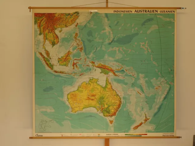 Australien Indonesien Philippinen Neuseeland ~1960 Schul-Wandkarte 214x190cm